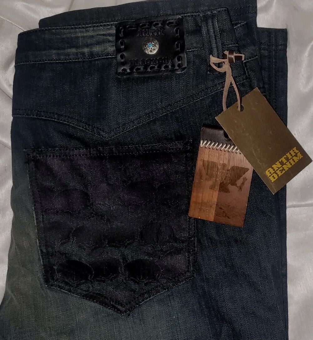 NWT ANTIK DENIM BLACKOUT JEANS HEAVY TONAL EMBROIDERED POCKETS, SIZE 42x35